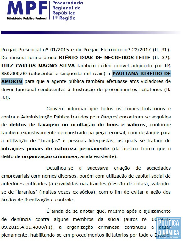 Trecho do pedido de prisão enviado pelo MPF ao TRF1 (imagem: PoliticaDinamica.com)