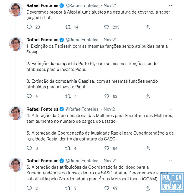 Todas as mudanças foram anunciadas por Rafael Fonteles no Twitter (foto: reprodução)