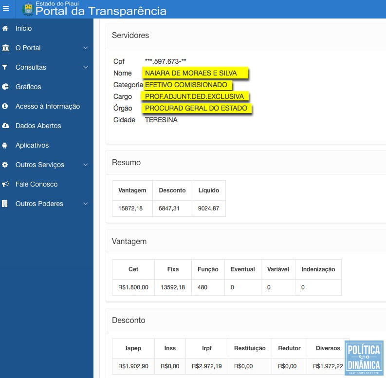 O Portal da Transparência do Governo do Piauí confirma que Naiara ainda é professora DE, mas está comissionada na PGE. Não há registros disponíveis que indiquem a permissão da UESPI (foto: Portal da Transparência)