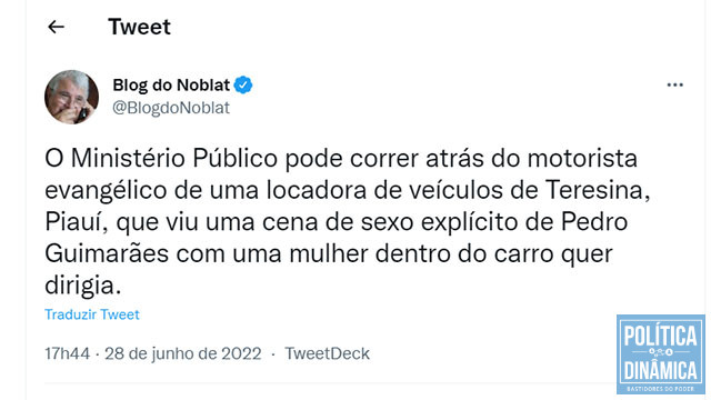 Jornalista divulgou informações sobre cena de sexo explícito, supostamente, protagonizado pelo presidente da Caixa durante viagem a trabalho em Teresina (PI) (reprodução twitter)