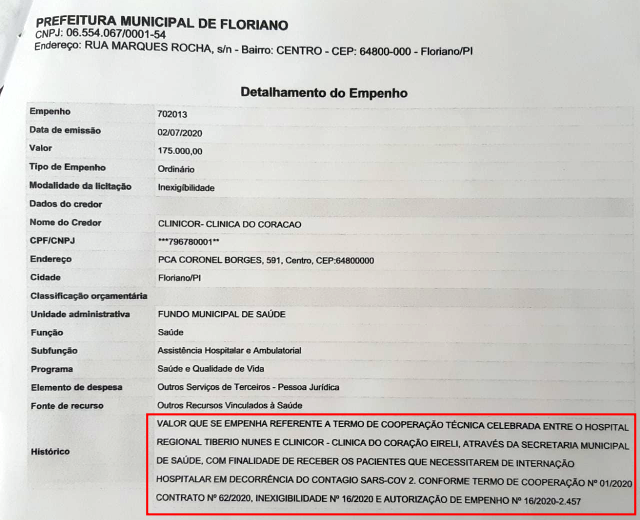 Nota de empenho emitida pela Prefeitura de Floriano sugere que Hospital manda pacientes com Covid-19 para a rede privada.