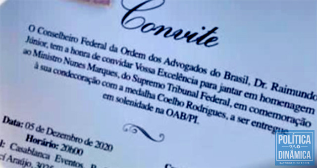 Convite para a festa privada ressalta o cargo de conselheiro federal do anfitrião e homenagem da OAB-PI ao ministro Nunes Marques (foto: reprodução)