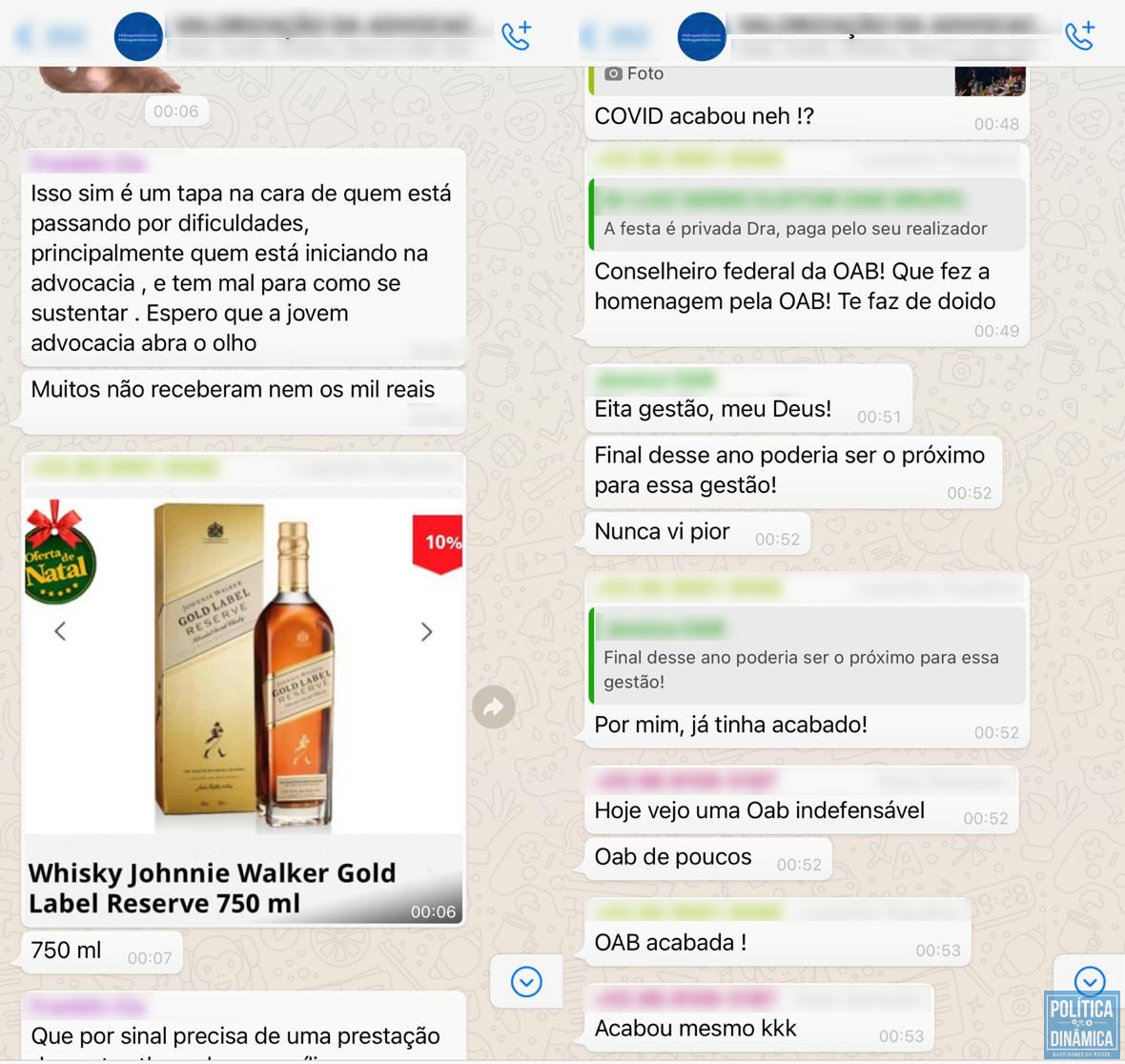 O Política Dinâmica recebeu dezenas de prints sobre a indignação de advogados com o que acreditam ter sido um uso da OAB-PI para promoção pessoal de seus diretores (imagem: Whatsapp)