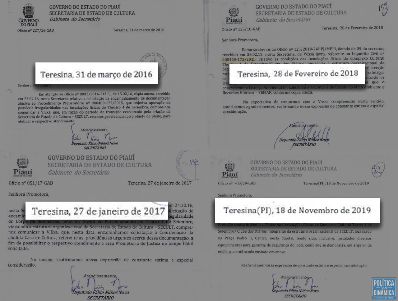 Em 2016, o problema era a transição da antiga FUNDAC para SECULT; em 2017, o problema foi empurrado para a gestão do teatro; em 2018, o problema estava em documentações da SEMAR; e em 2019 o problema estaria resolvido... mas não estava (imagens: reprodução)