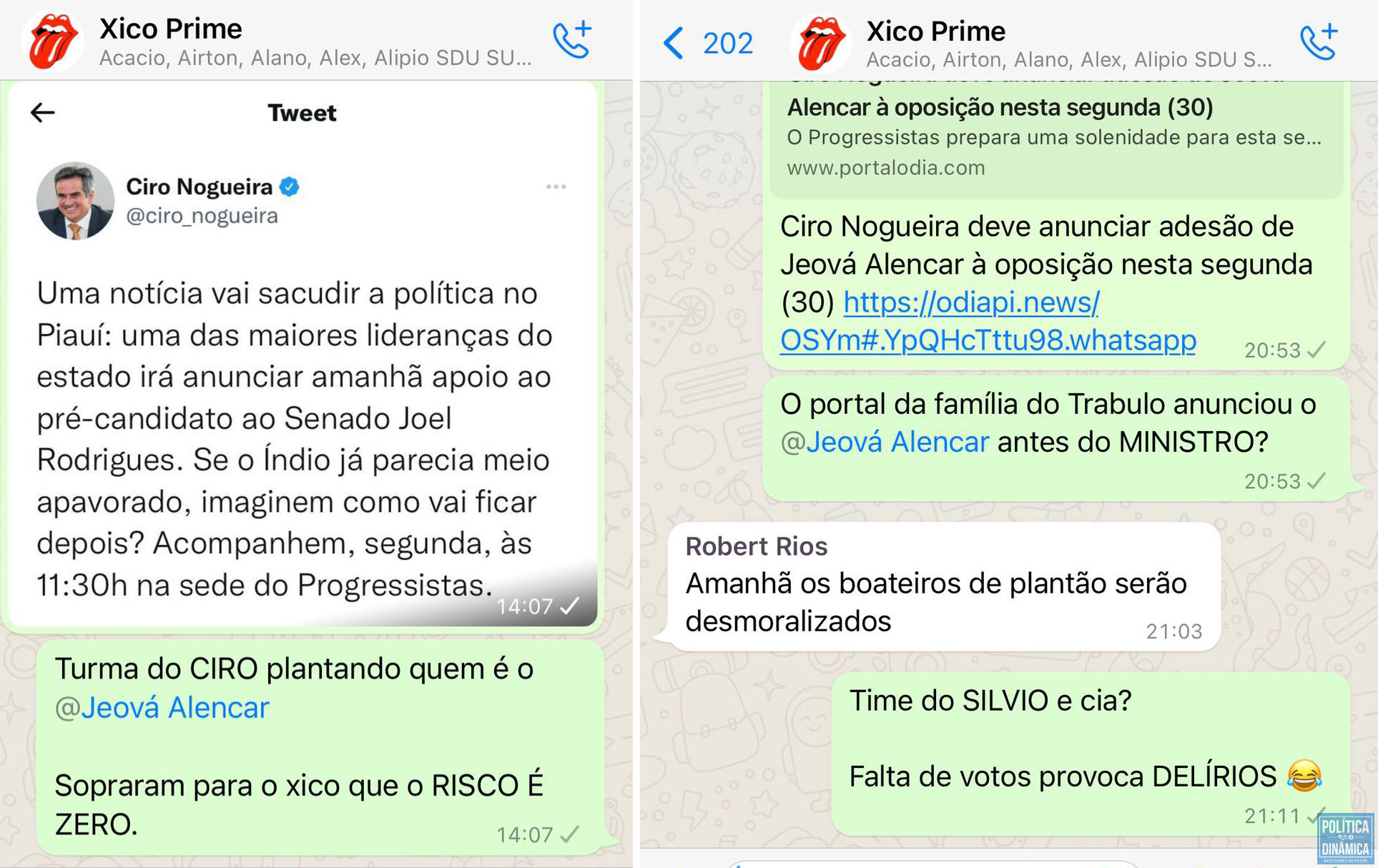 Mensagens espalhadas por Marciano Arraes, o Xico Prime, aumentaram a humilhação de Robert Rios quando se confirmou o apoio de Jeová Alencar a Joel Rodrigues ao mesmo tempo em que o vice-prefeito foi rejeitado pela oposição (imagens: reprodução)