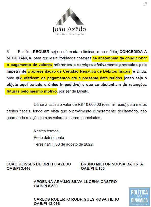 Trecho do pedido urgente de liminar: SERVFAZ solicita pagamentos sem comprovação de quitação de dívidas federais (imagem: reprodução)