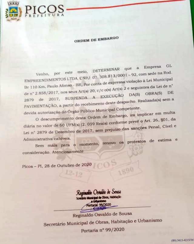 Ordem de embargo expedida pela prefeitura de Picos (Foto: Divulgação/Prefeitura)