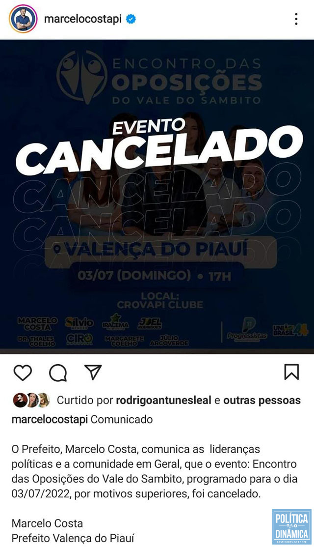 Após brigar com o PP, prefeito Marcelo Costa cancelou evento de apoio à pré-campanha de Sílvio Mendes (foto: reprodução Instagram)