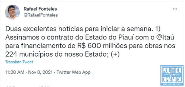 Print de postagem de Rafael Fonteles no Twitter (foto: reprodução twitter)