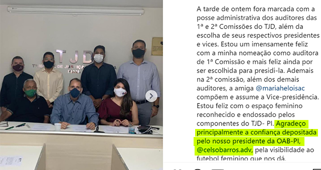 Pelo que conta Ravennya em seu perfil, Celso Barros teria indicado os nomes, que foram endossados pelo TJD-PI (imagem: Instagram)