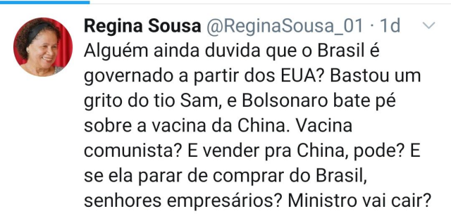 Postagem feita por Regina Sousa no Twitter (Foto: Reprodução/Twitter/Regina)