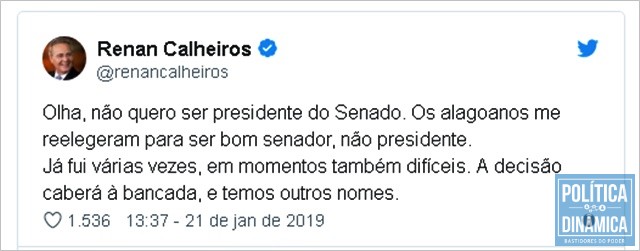 No Twitter, Renan disse que não quer ser presidente (Foto: Reprodução/Twitter)