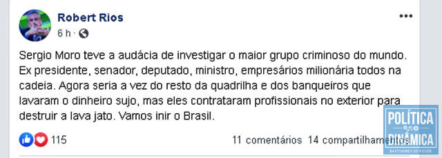 Postagem feita por Robert Rios na rede social (Foto: Reprodução/Facebook)