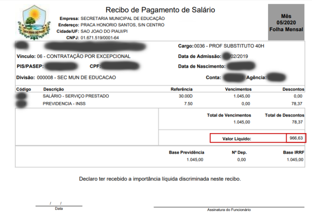 Contracheque com redução de salário de professores contratados em São João