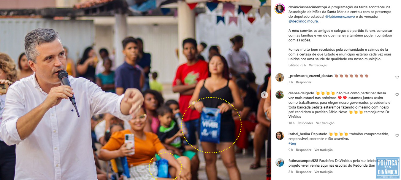 As sacolas do Projeto Viver também são exibidas em postagem no perfil de Dr. Vinícius no Instagram; mas o tom da postagem tem contexto de campanha pré-eleitoral (foto: Instagram)