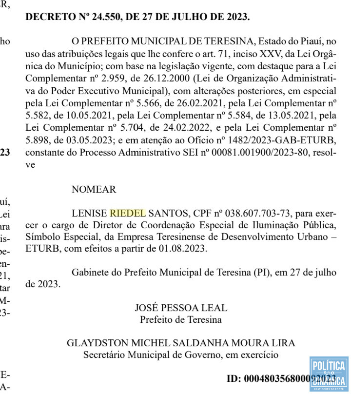 Lenise foi nomeada no último dia 27 como diretora de Iluminação da ETURB (foto: Reprodução | Diário Oficial do Município de Teresina)