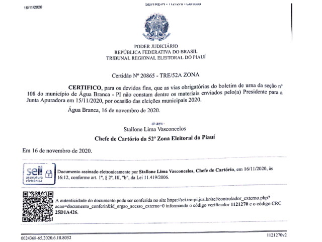 Certidão emitida pela Justiça Eleitoral aponta pendências na seção de nº 108 em Água Branca