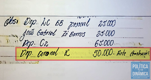 A PF apreendeu um caderno com anotações manuscritas realizadas por Paula Rodrigues de Sousa contendo supostas movimentações financeiras das empresas comandadas por Luiz Carlos; na imagem você vê a lista com destaque exatamente para o pagamento da 5ª parcela da casa de praia de Ronald  (imagem: PoliticaDInamica.com)