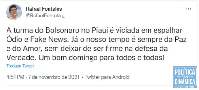 Rafael Fonteles respondeu a viralização do vídeo em postagem no twitter (reprodução: Twitter)