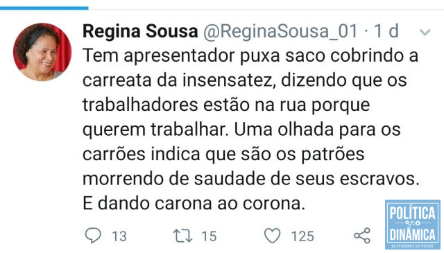 Postagem de Regina Sous no Twitter (Foto: Jailson Soares/PoliticaDinamica.com)