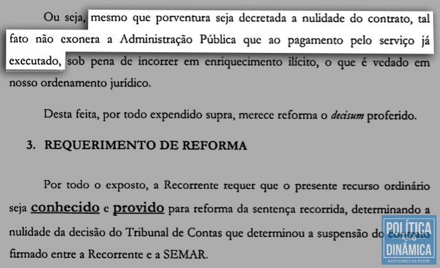 Trecho do recurso em que a advogada Aline Nogueira Barroso pede ao Tribunal de Justiça que derrube a decisão do TCE e ordene o pagamento pelo trabalho que levantou suspeita de fraude (imagem: reprodução)