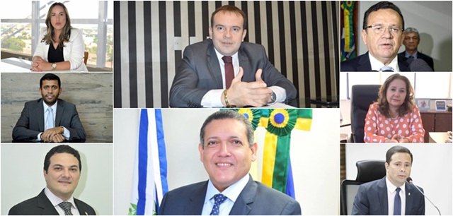 Respectivos presidentes da Ajuspi (Thiago Brandim), da AAPP (Patrícia Ribas), da OAB-PI (Celso Barros), da AATEPI (Téssio Tôrres), do TJ-PI (Des. Sebastião Martins), do TRT-PI (Desa. Liana Chaib) e da Amapi (Leonardo Brasileiro), além do Des. Kássio Nunes